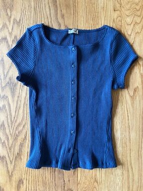 Women’s Free People Ribbed Button-Front Short Sleeve Top - Blue